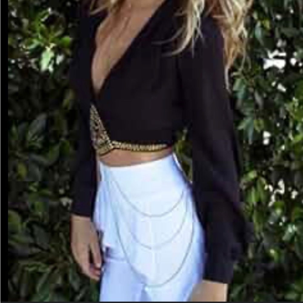 bebe Goddess Long Sleeve Crop Top with Gemstone Metallic Embellishments